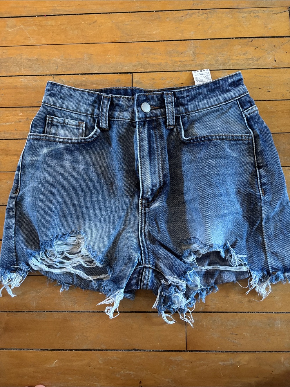 EUC I Distressed High-Waist Denim Shorts - Blue